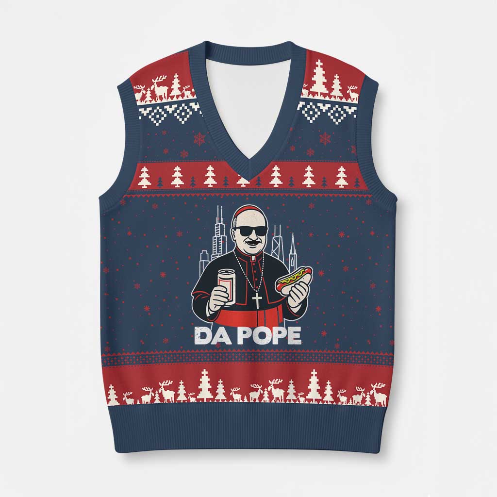 Funny Da Pope Chicago Hot Dog V-Neck Knit Sweater Vest 267th Pope Leo XIV - Wonder Print Shop