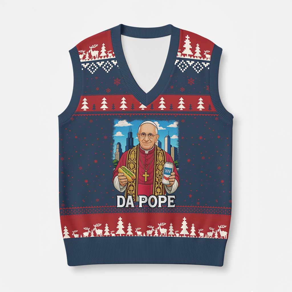 Funny Da Pope Leo XIV V-Neck Knit Sweater Vest 267th Pope Chicago Hot Dog and Beer - Wonder Print Shop