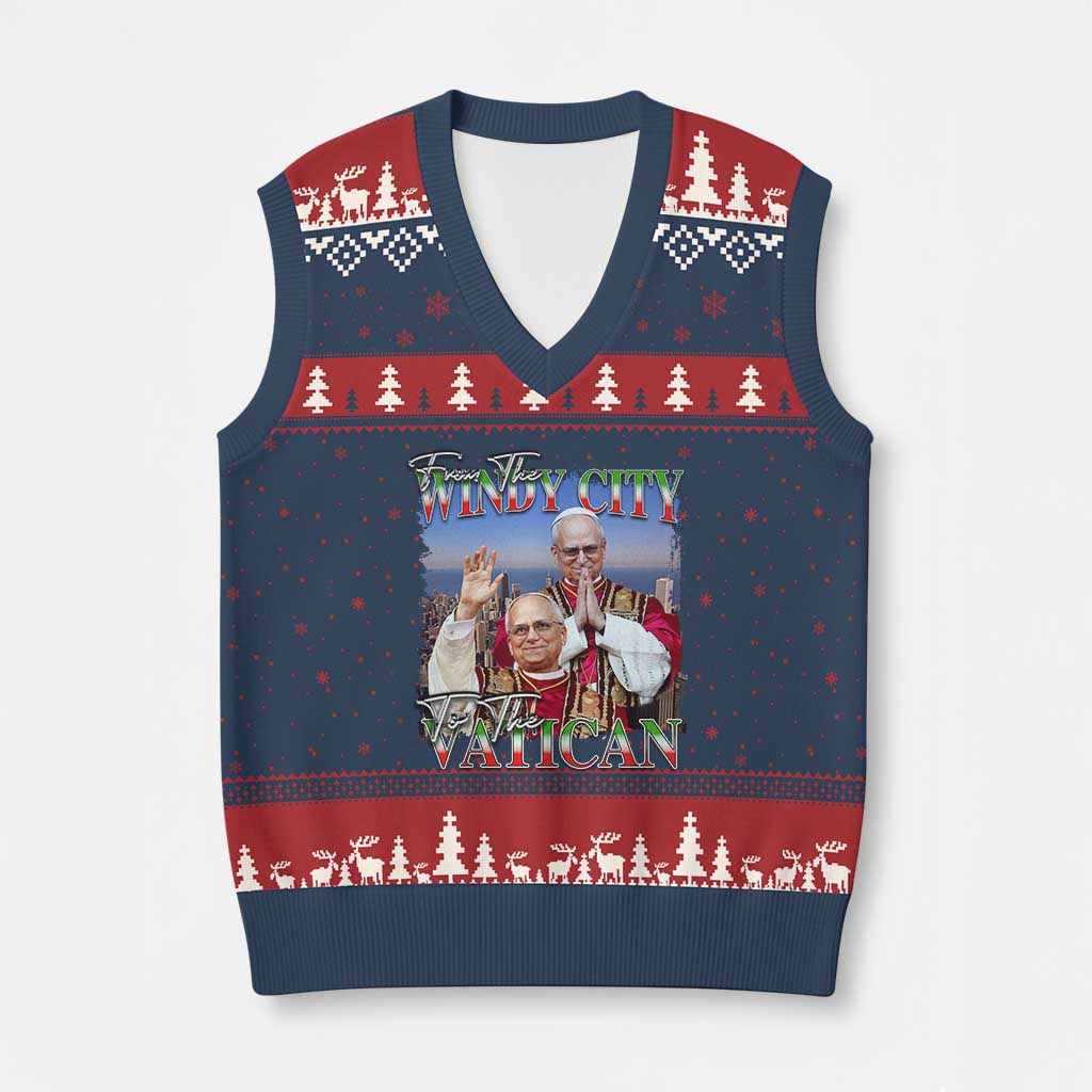267th Pope Leo XIV V-Neck Knit Sweater Vest From The Windy City To The Vatican US Chicago Pride - Wonder Print Shop
