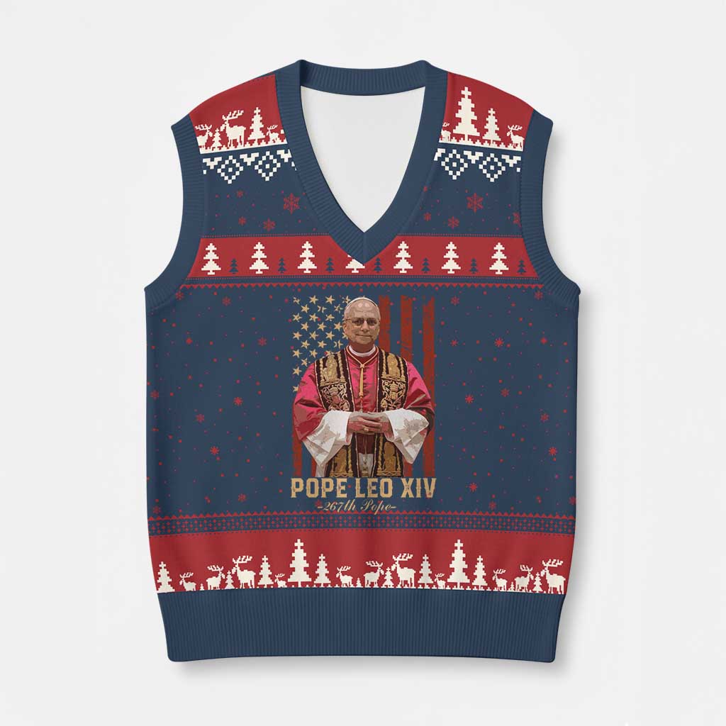 Vintage Pope Leo XIV V-Neck Knit Sweater Vest 267th Pope American Flag - Wonder Print Shop