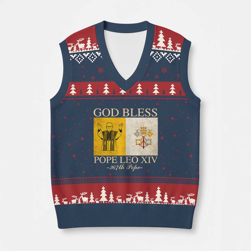 God Bless Pope Leo XIV V-Neck Knit Sweater Vest 267th Pope Vatican Flag - Wonder Print Shop