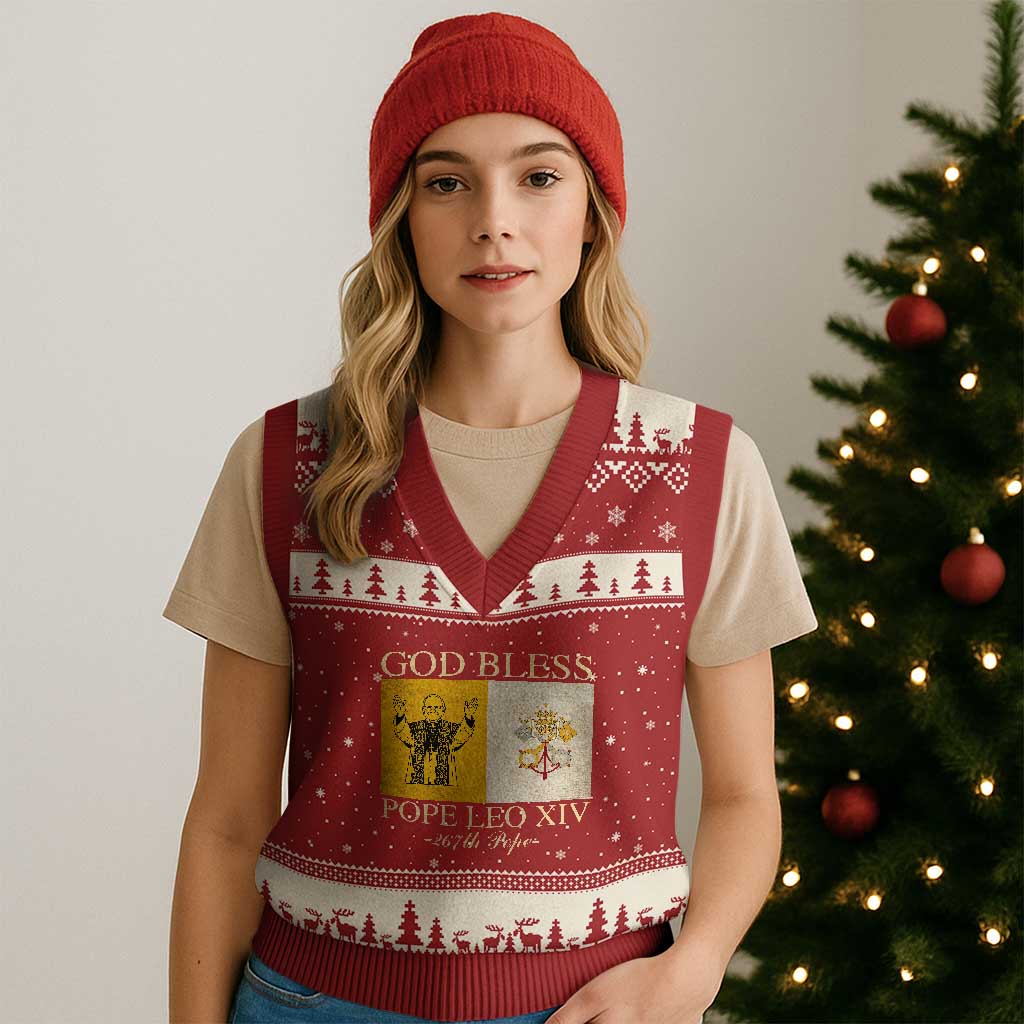God Bless Pope Leo XIV V-Neck Knit Sweater Vest 267th Pope Vatican Flag - Wonder Print Shop