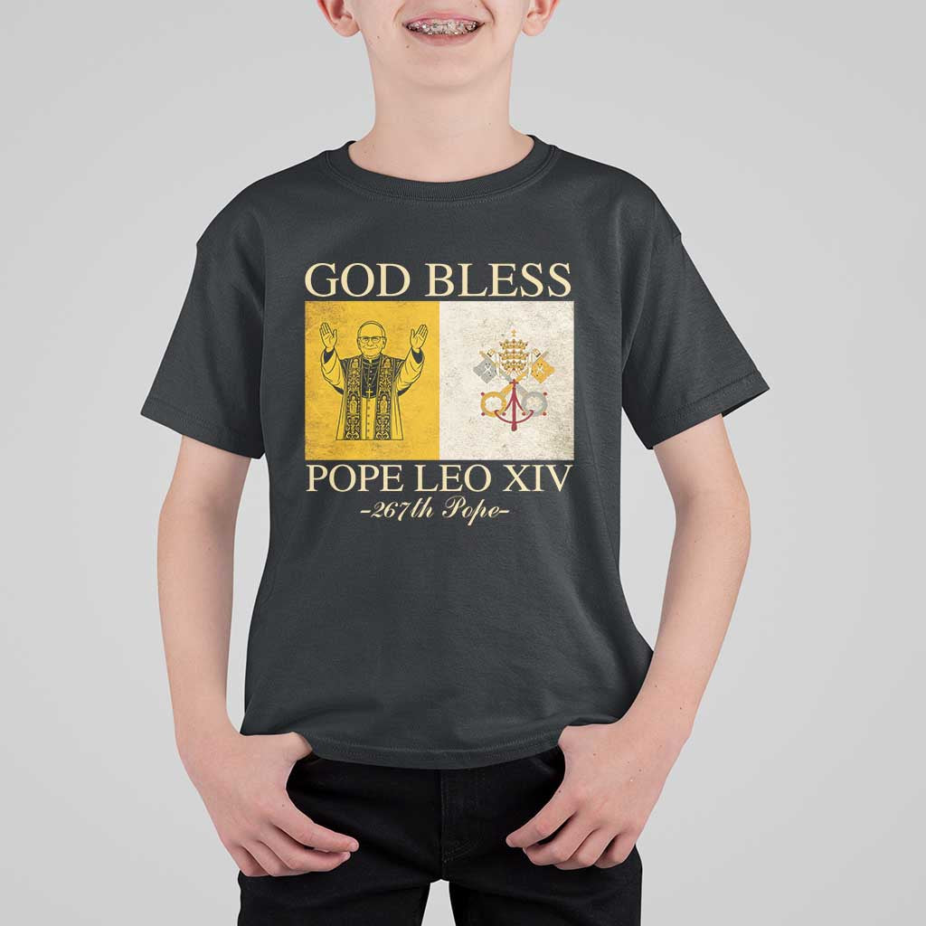 God Bless Pope Leo XIV T Shirt For Kid 267th Pope Vatican Flag