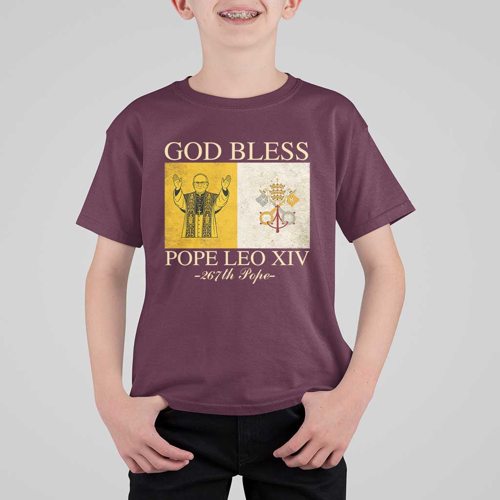 God Bless Pope Leo XIV T Shirt For Kid 267th Pope Vatican Flag