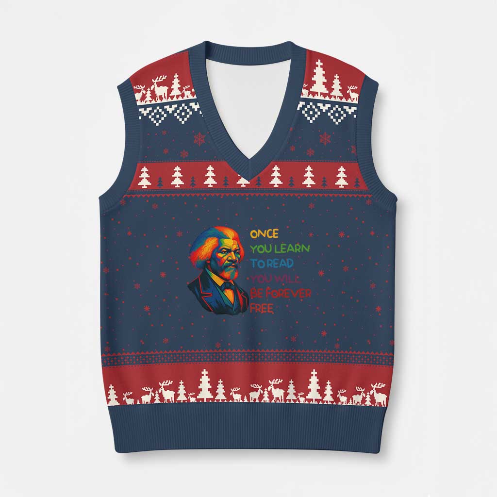 Frederick Douglass Inspirational V-Neck Knit Sweater Vest Learn to Read Be Forever Free Black Leader - Wonder Print Shop