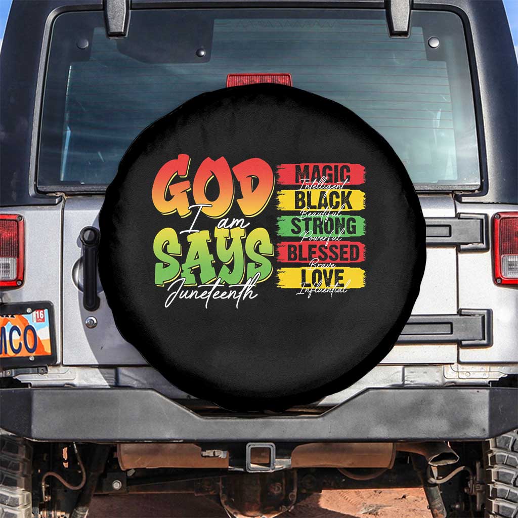 God Says I Am Spare Tire Cover Juneteenth Faith Black Excellence Affirmation Pan-African Colors - Wonder Print Shop