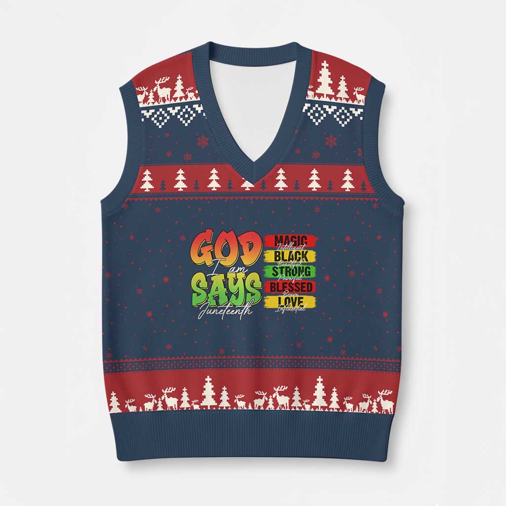 God Says I Am V-Neck Knit Sweater Vest Juneteenth Faith Black Excellence Affirmation Pan-African Colors - Wonder Print Shop