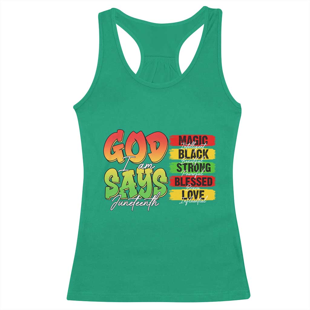 God Says I Am Racerback Tank Top Juneteenth Faith Black Excellence Affirmation Pan-African Colors - Wonder Print Shop