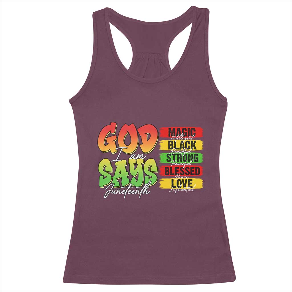 God Says I Am Racerback Tank Top Juneteenth Faith Black Excellence Affirmation Pan-African Colors - Wonder Print Shop