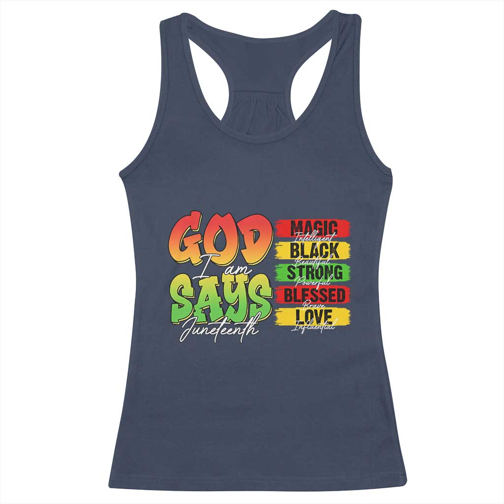God Says I Am Racerback Tank Top Juneteenth Faith Black Excellence Affirmation Pan-African Colors - Wonder Print Shop