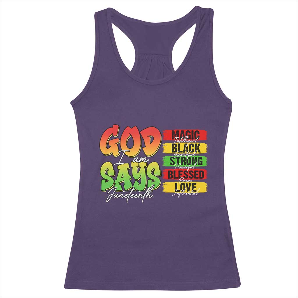 God Says I Am Racerback Tank Top Juneteenth Faith Black Excellence Affirmation Pan-African Colors - Wonder Print Shop