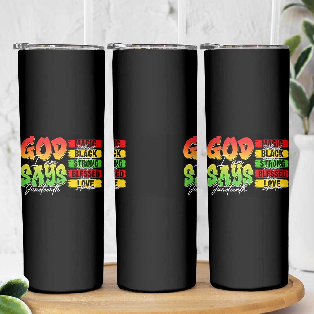 God Says I Am Skinny Tumbler Juneteenth Faith Black Excellence Affirmation Pan-African Colors - Wonder Print Shop