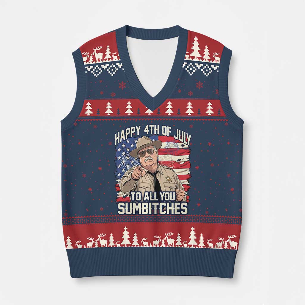 Happy 4th of July To All You Sumbitches Funny Sheriff V-Neck Knit Sweater Vest Retro Movie Quote Inspo Country Humor