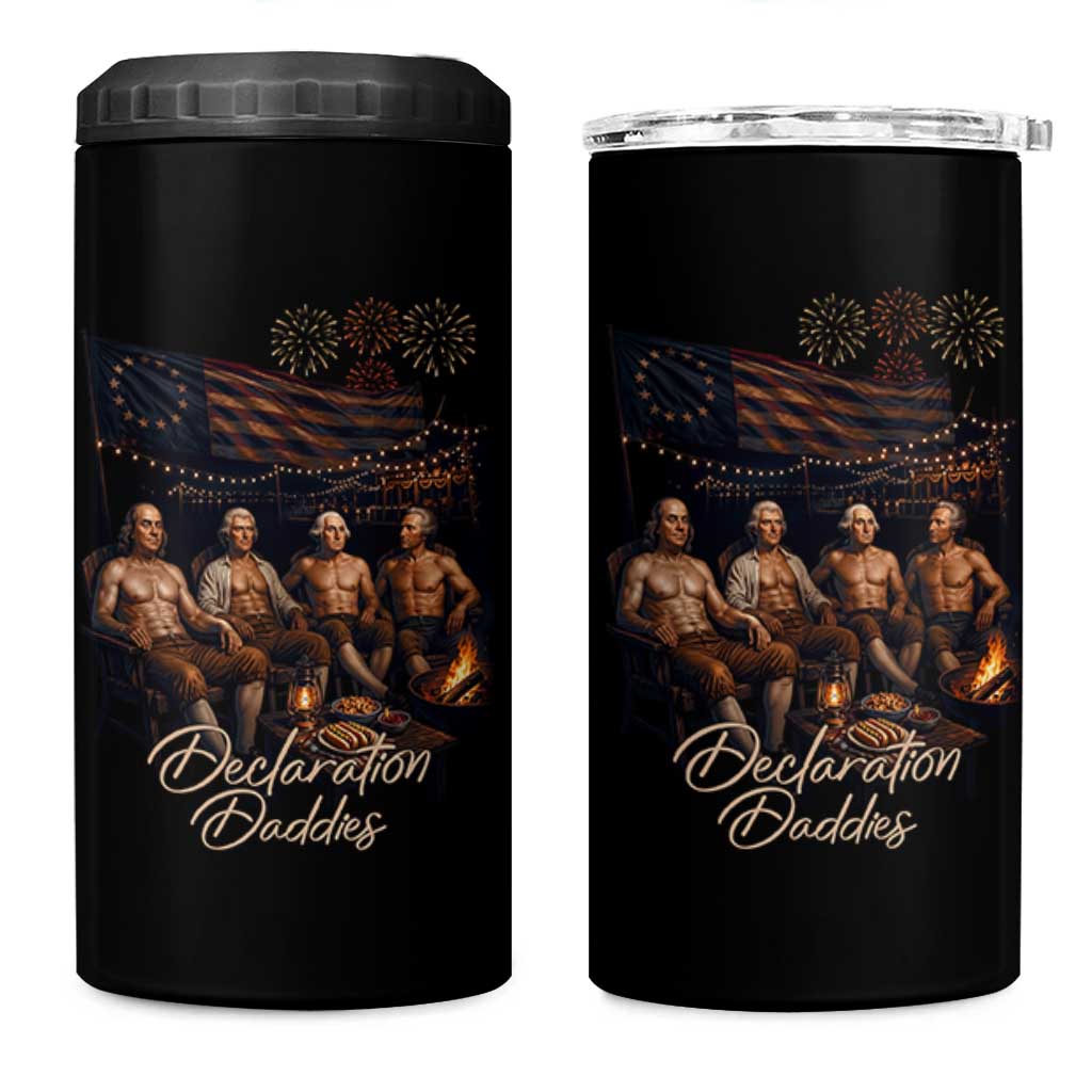 Declaration Daddies Campfire Gathering Graphic 4 in 1 Can Cooler Tumbler Shirtless Founding Fathers Patriotic Summer 4th of July Celebration