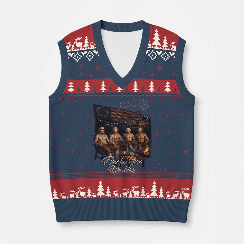 Declaration Daddies Campfire Gathering Graphic V-Neck Knit Sweater Vest Shirtless Founding Fathers Patriotic Summer 4th of July Celebration
