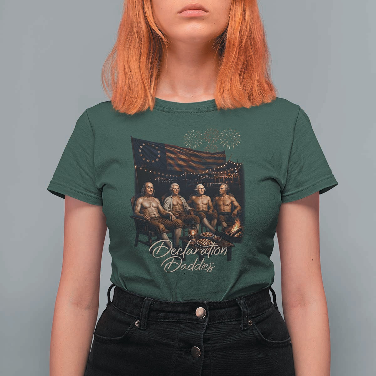 Declaration Daddies Campfire Gathering Graphic T Shirt For Women Shirtless Founding Fathers Patriotic Summer 4th of July Celebration