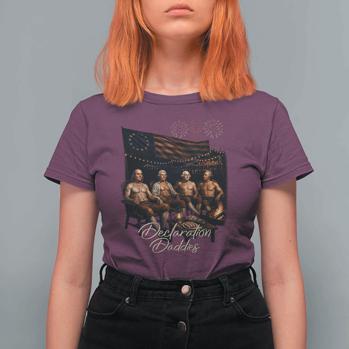 Declaration Daddies Campfire Gathering Graphic T Shirt For Women Shirtless Founding Fathers Patriotic Summer 4th of July Celebration