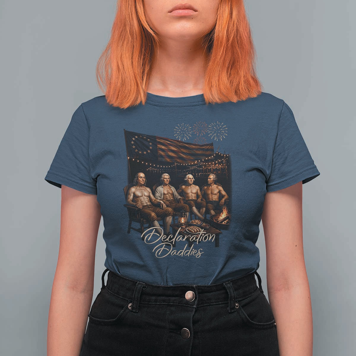 Declaration Daddies Campfire Gathering Graphic T Shirt For Women Shirtless Founding Fathers Patriotic Summer 4th of July Celebration