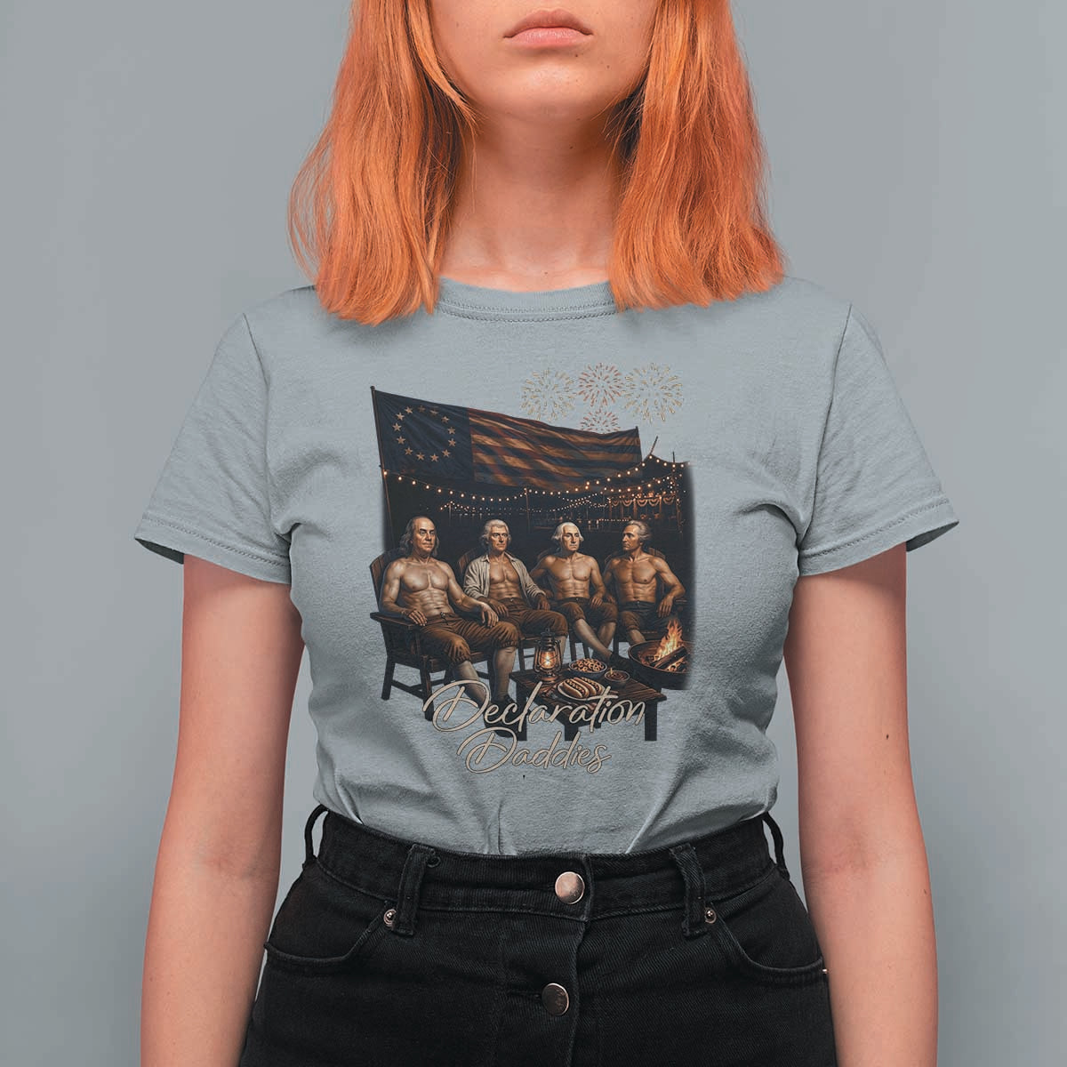 Declaration Daddies Campfire Gathering Graphic T Shirt For Women Shirtless Founding Fathers Patriotic Summer 4th of July Celebration