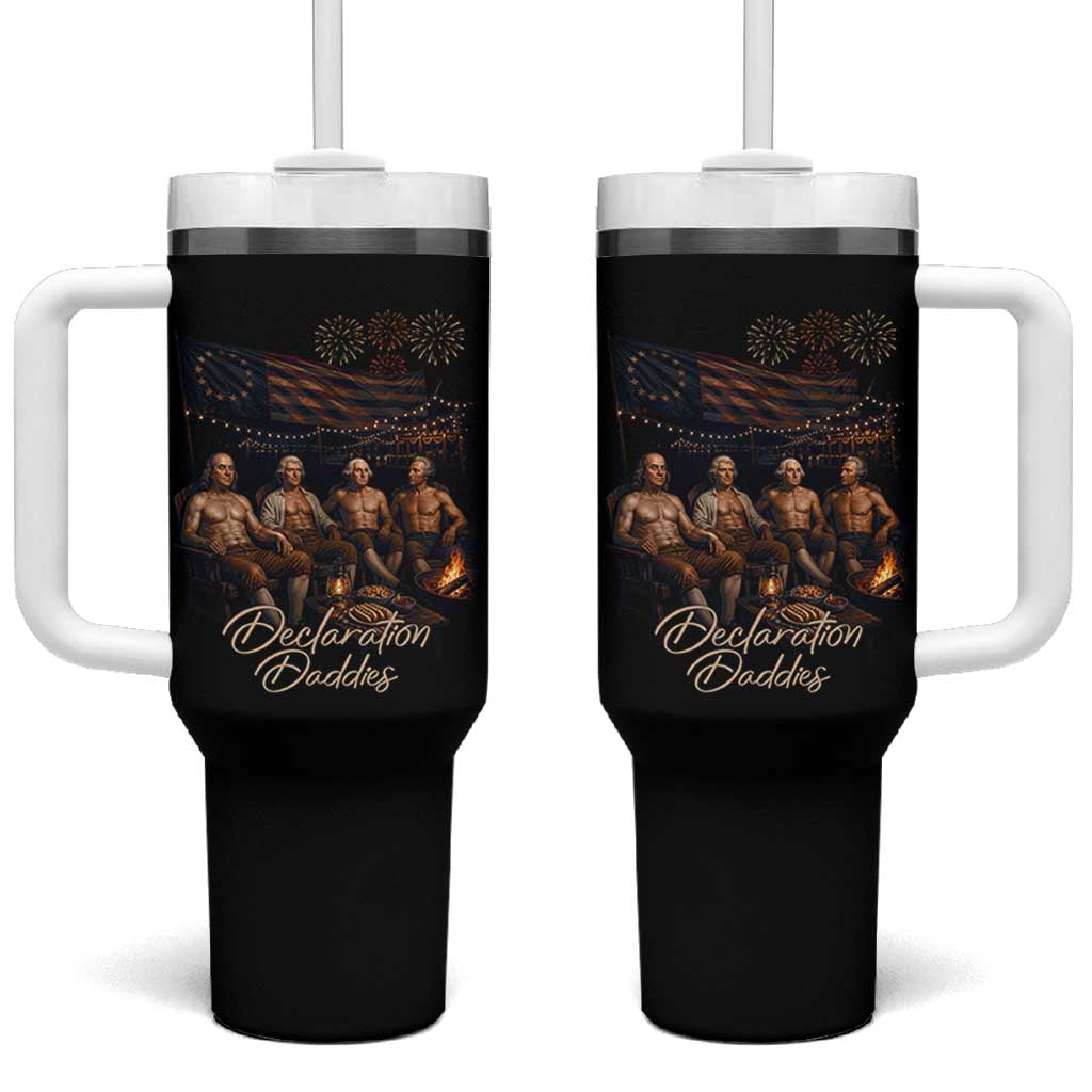 Declaration Daddies Campfire Gathering Graphic Tumbler With Handle Shirtless Founding Fathers Patriotic Summer 4th of July Celebration
