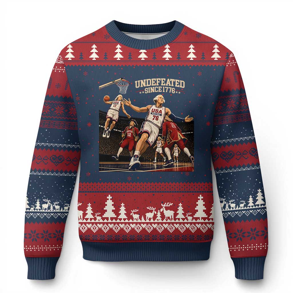 Undefeated Since 1776 George Washington Basketball Ugly Christmas Sweater Funny USA Dream Team Founding Fathers Slam Dunk Patriotic Sports