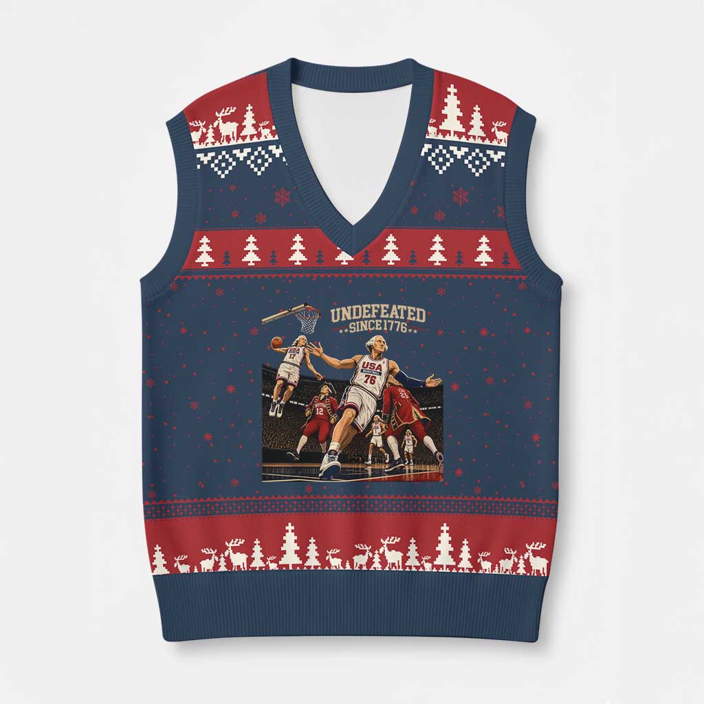 Undefeated Since 1776 George Washington Basketball V-Neck Knit Sweater Vest Funny USA Dream Team Founding Fathers Slam Dunk Patriotic Sports