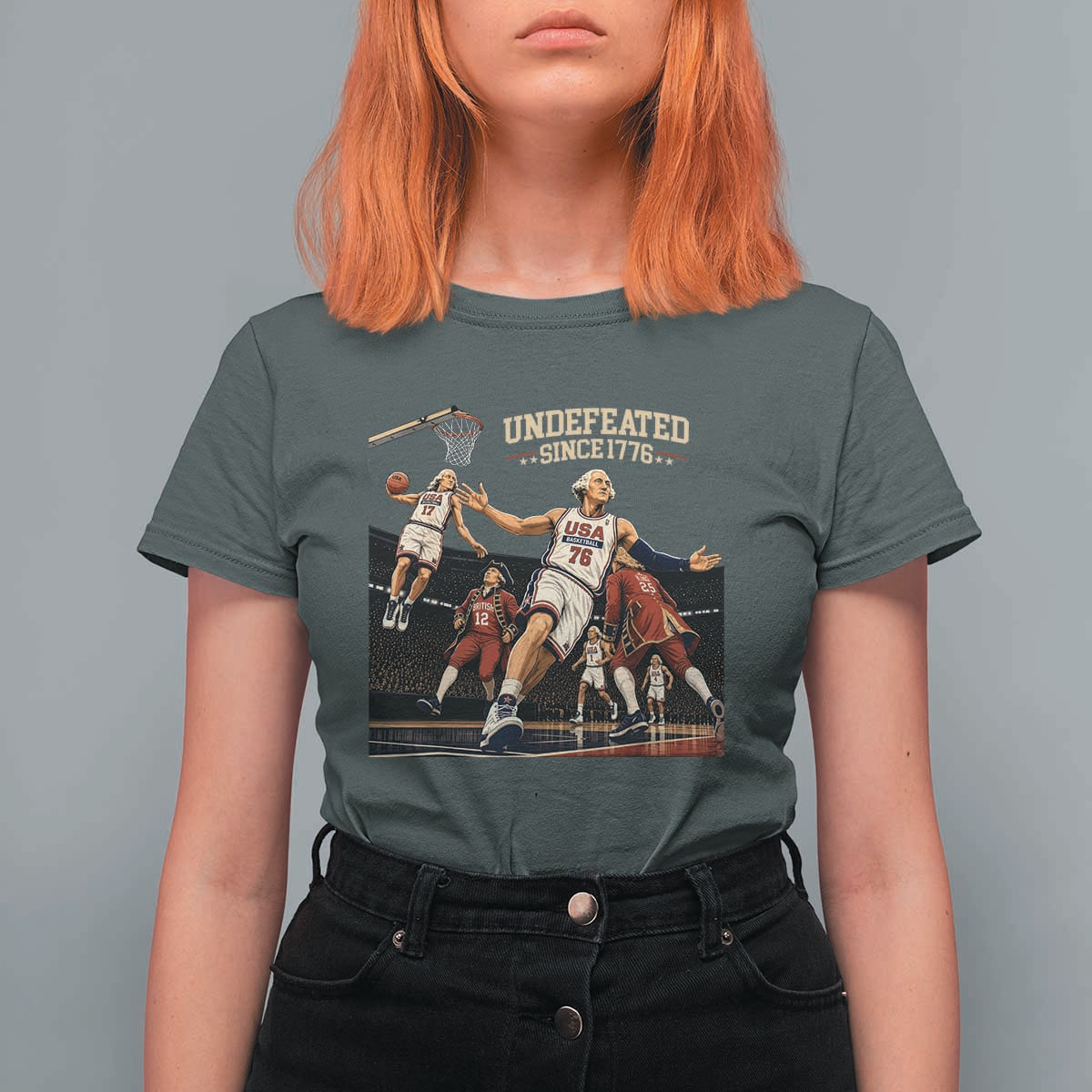 Undefeated Since 1776 George Washington Basketball T Shirt For Women Funny USA Dream Team Founding Fathers Slam Dunk Patriotic Sports