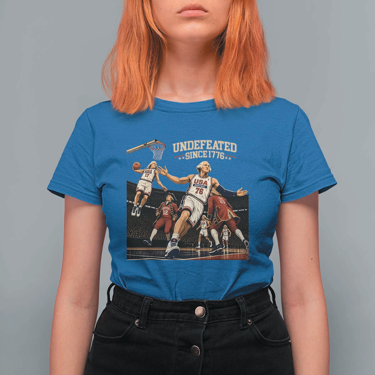 Undefeated Since 1776 George Washington Basketball T Shirt For Women Funny USA Dream Team Founding Fathers Slam Dunk Patriotic Sports