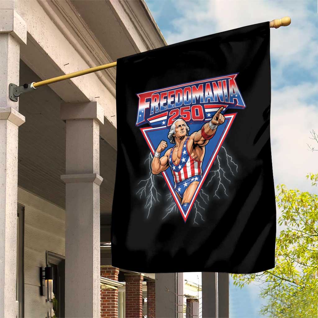 Freedomania 250 George Washington Wrestler Graphic Garden Flag Funny Muscular President Lightning 1776 to 2026 Semiquincentennial