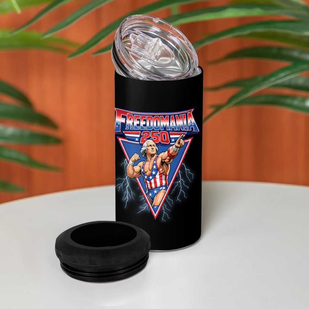 Freedomania 250 George Washington Wrestler Graphic 4 in 1 Can Cooler Tumbler Funny Muscular President Lightning 1776 to 2026 Semiquincentennial