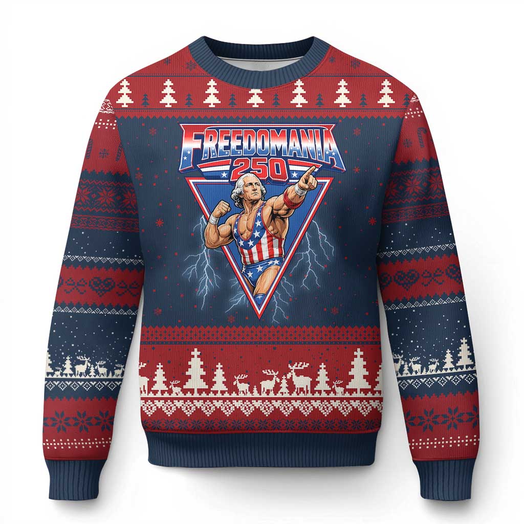Freedomania 250 George Washington Wrestler Graphic Ugly Christmas Sweater Funny Muscular President Lightning 1776 to 2026 Semiquincentennial
