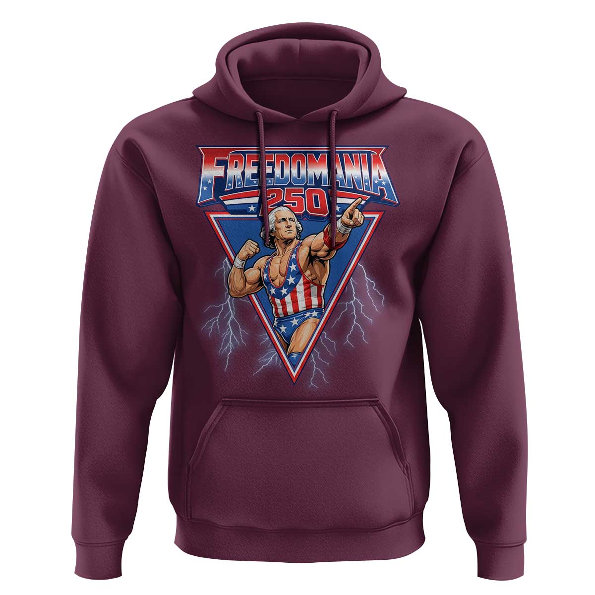 Freedomania 250 George Washington Wrestler Graphic Hoodie Funny Muscular President Lightning 1776 to 2026 Semiquincentennial