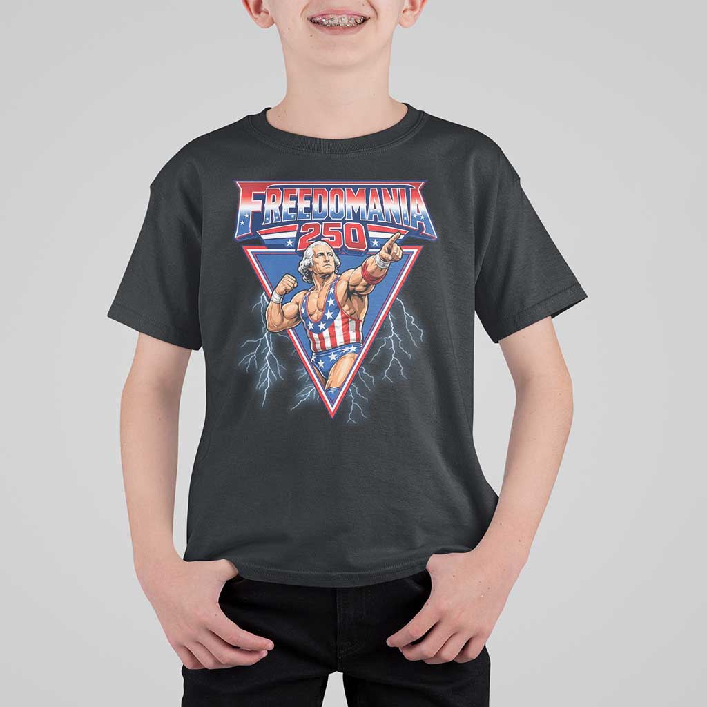 Freedomania 250 George Washington Wrestler Graphic T Shirt For Kid Funny Muscular President Lightning 1776 to 2026 Semiquincentennial