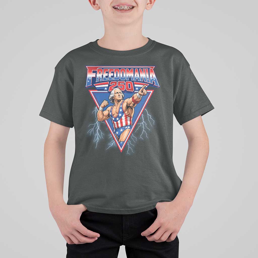 Freedomania 250 George Washington Wrestler Graphic T Shirt For Kid Funny Muscular President Lightning 1776 to 2026 Semiquincentennial