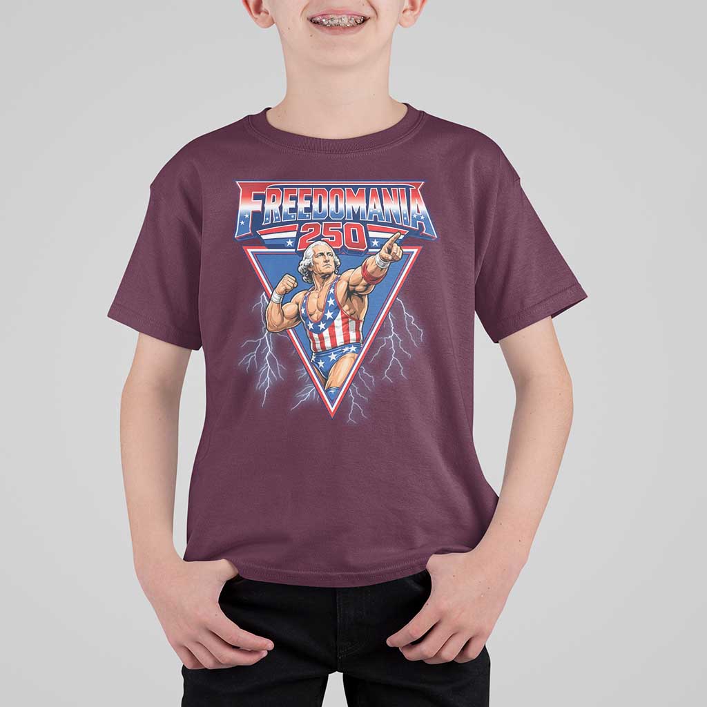 Freedomania 250 George Washington Wrestler Graphic T Shirt For Kid Funny Muscular President Lightning 1776 to 2026 Semiquincentennial