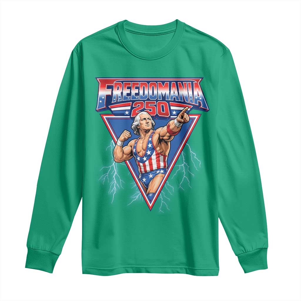 Freedomania 250 George Washington Wrestler Graphic Long Sleeve Shirt Funny Muscular President Lightning 1776 to 2026 Semiquincentennial