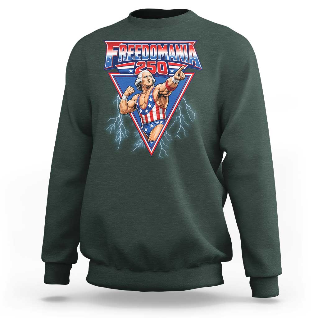 Freedomania 250 George Washington Wrestler Graphic Sweatshirt Funny Muscular President Lightning 1776 to 2026 Semiquincentennial
