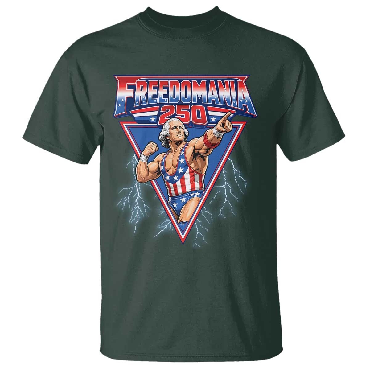 Freedomania 250 George Washington Wrestler Graphic T Shirt Funny Muscular President Lightning 1776 to 2026 Semiquincentennial