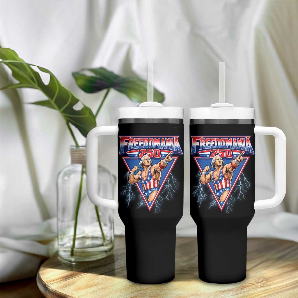 Freedomania 250 George Washington Wrestler Graphic Tumbler With Handle Funny Muscular President Lightning 1776 to 2026 Semiquincentennial