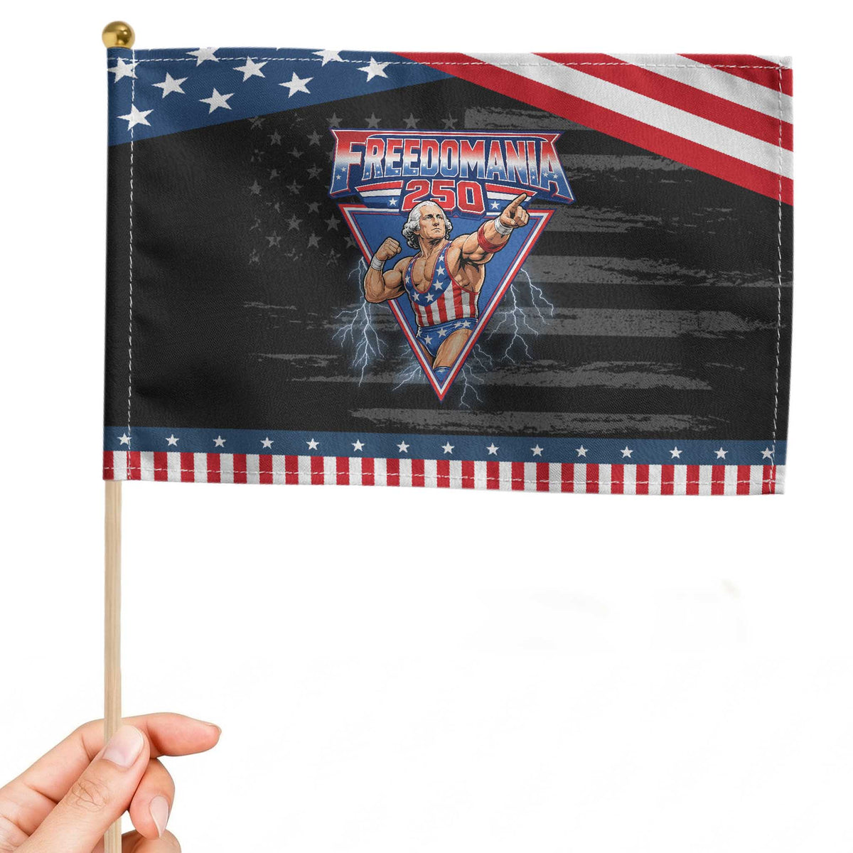 Freedomania 250 George Washington Wrestler Graphic Patriotic Handheld Flag Funny Muscular President Lightning 1776 to 2026 Semiquincentennial