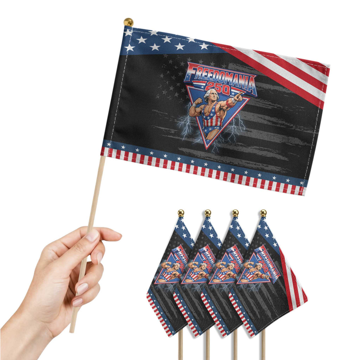 Freedomania 250 George Washington Wrestler Graphic Patriotic Handheld Flag Funny Muscular President Lightning 1776 to 2026 Semiquincentennial