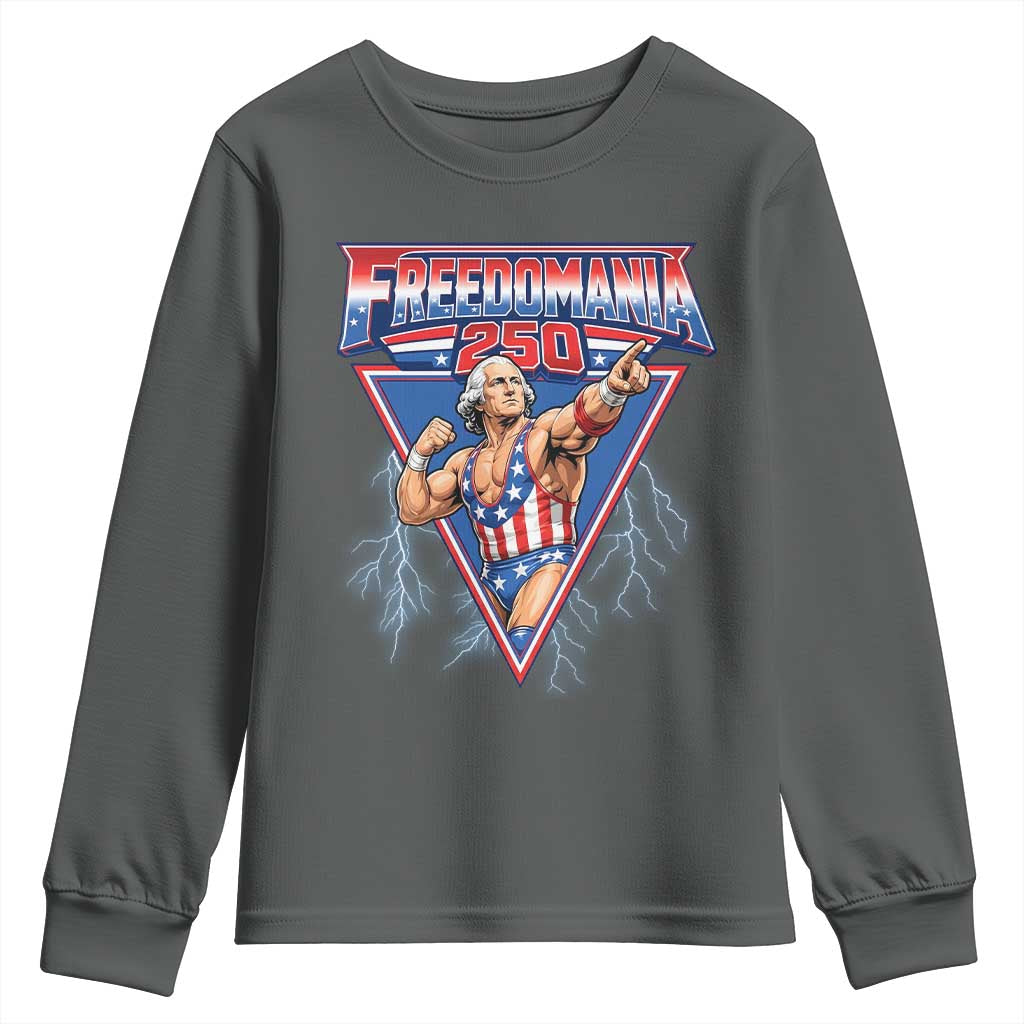 Freedomania 250 George Washington Wrestler Graphic Youth Sweatshirt Funny Muscular President Lightning 1776 to 2026 Semiquincentennial