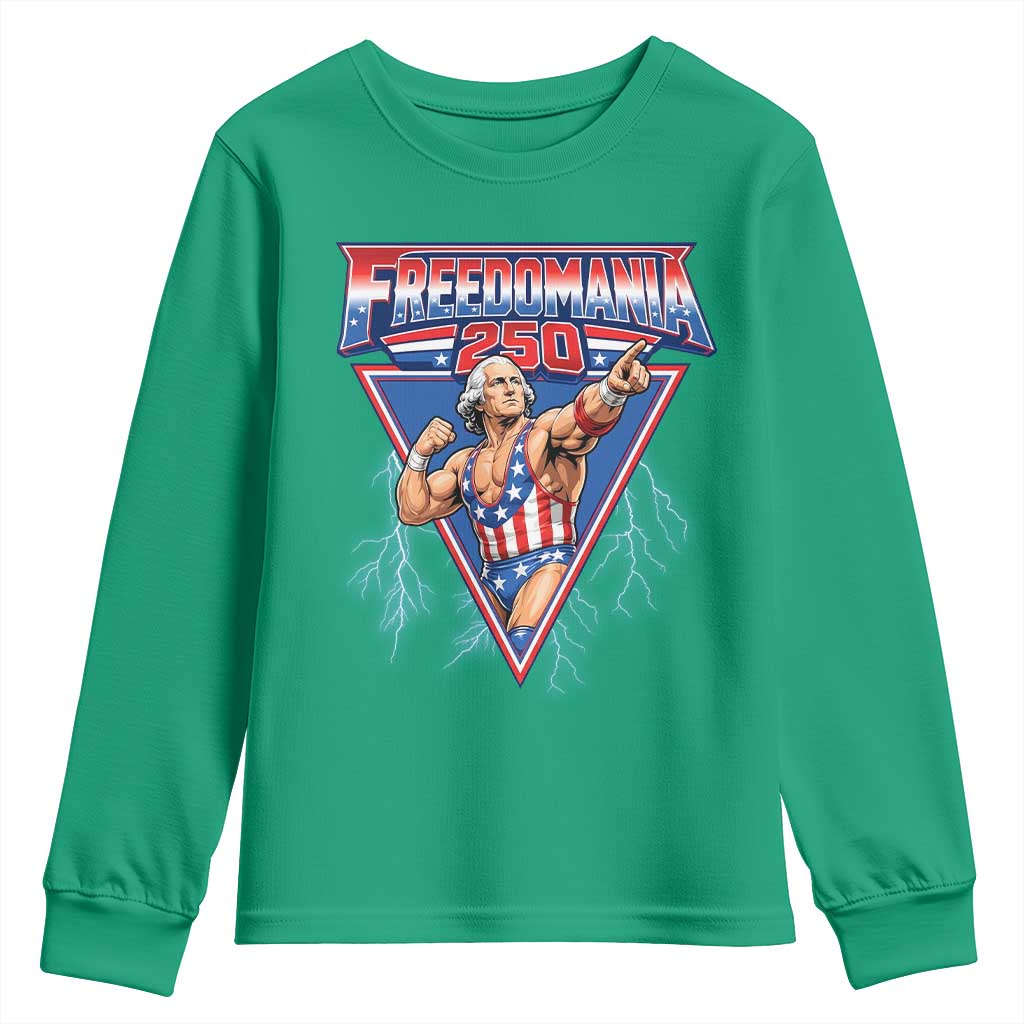 Freedomania 250 George Washington Wrestler Graphic Youth Sweatshirt Funny Muscular President Lightning 1776 to 2026 Semiquincentennial