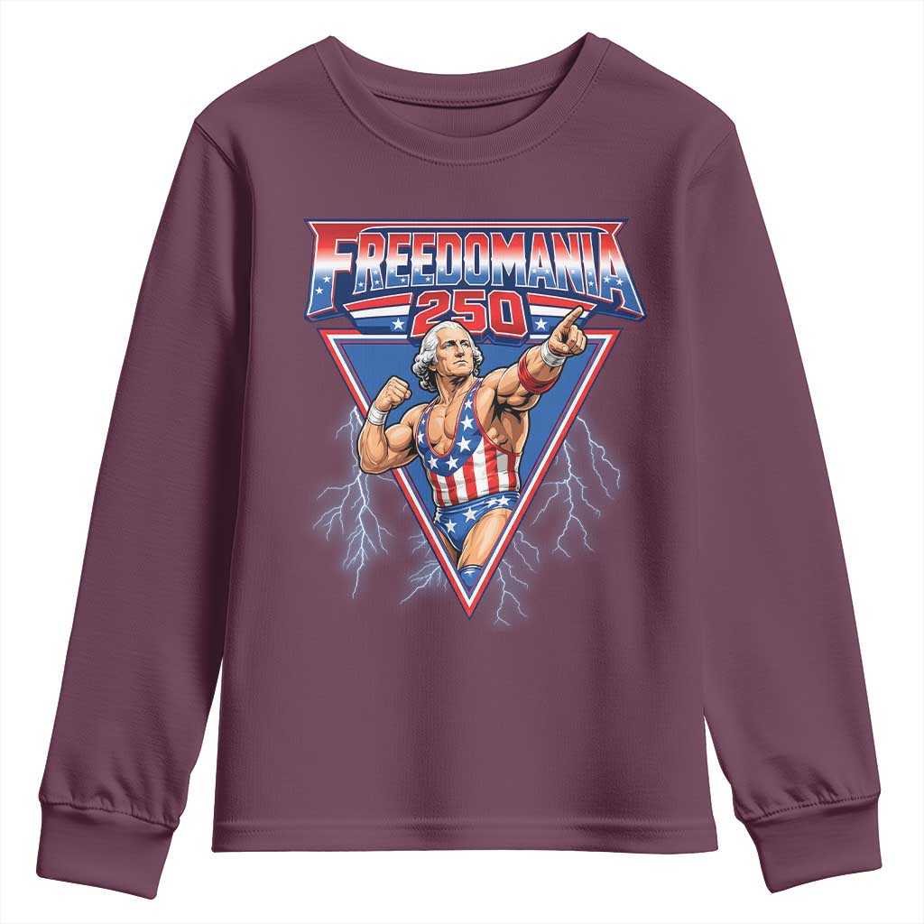 Freedomania 250 George Washington Wrestler Graphic Youth Sweatshirt Funny Muscular President Lightning 1776 to 2026 Semiquincentennial
