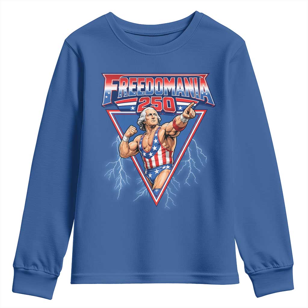 Freedomania 250 George Washington Wrestler Graphic Youth Sweatshirt Funny Muscular President Lightning 1776 to 2026 Semiquincentennial