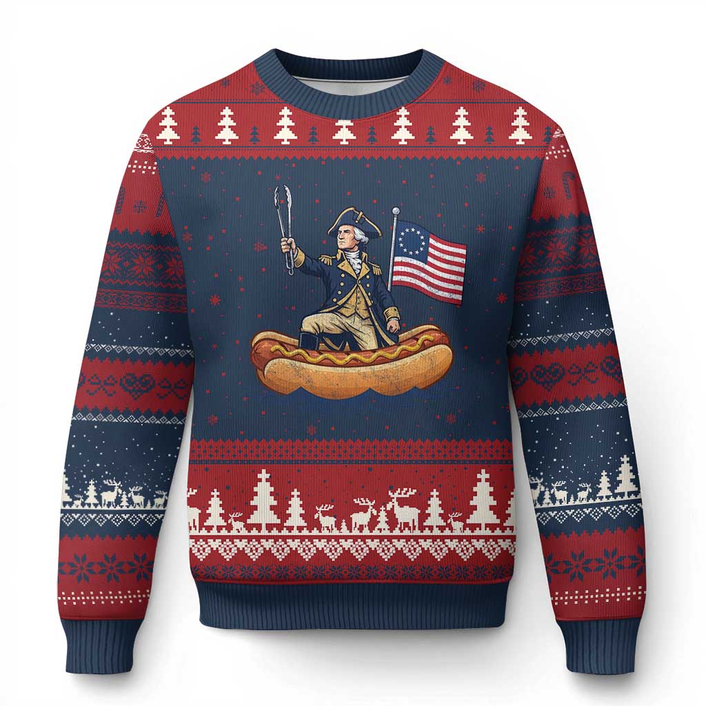 George Washington Crossing The Delaware on Hot Dog Boat Ugly Christmas Sweater Funny BBQ Party 4th of July Graphic