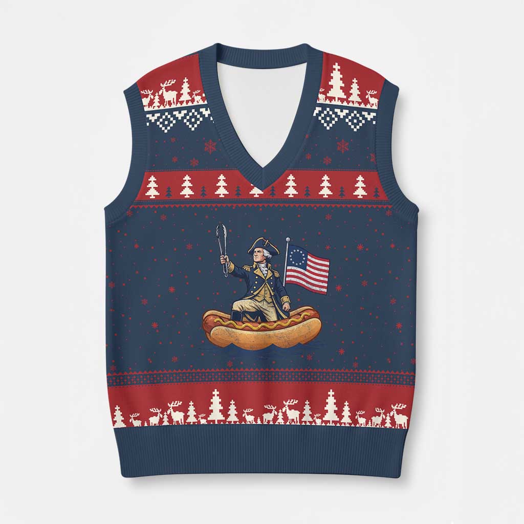 George Washington Crossing The Delaware on Hot Dog Boat V-Neck Knit Sweater Vest Funny BBQ Party 4th of July Graphic