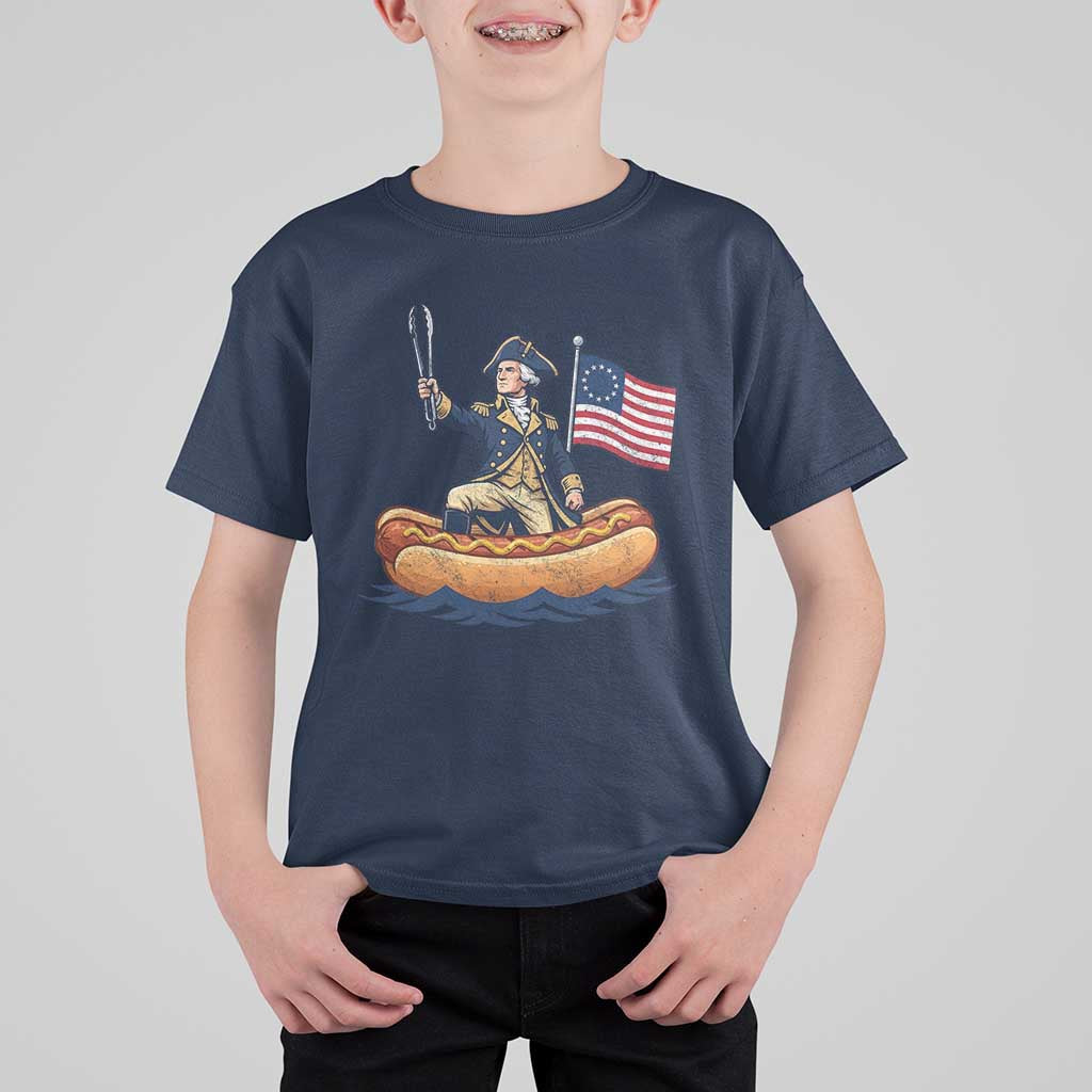 George Washington Crossing The Delaware on Hot Dog Boat T Shirt For Kid Funny BBQ Party 4th of July Graphic