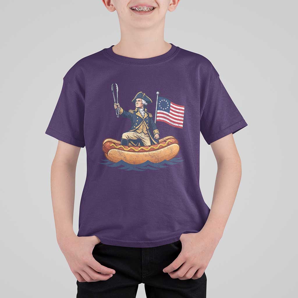 George Washington Crossing The Delaware on Hot Dog Boat T Shirt For Kid Funny BBQ Party 4th of July Graphic