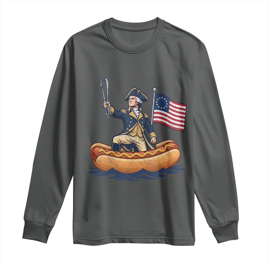 George Washington Crossing The Delaware on Hot Dog Boat Long Sleeve Shirt Funny BBQ Party 4th of July Graphic